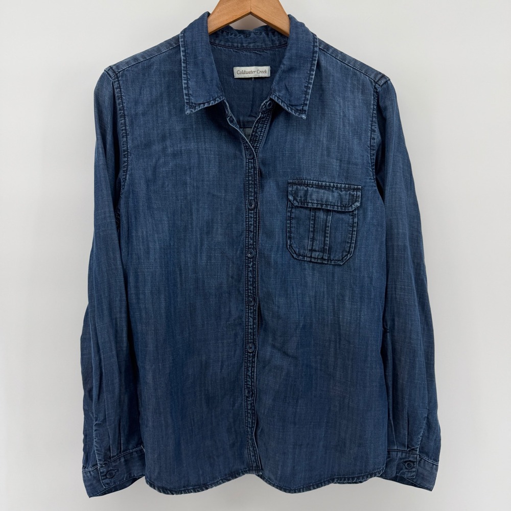 Coldwater Creek Blue Lyocell Roll Tab Sleeve Button Front Shirt Medium Wash